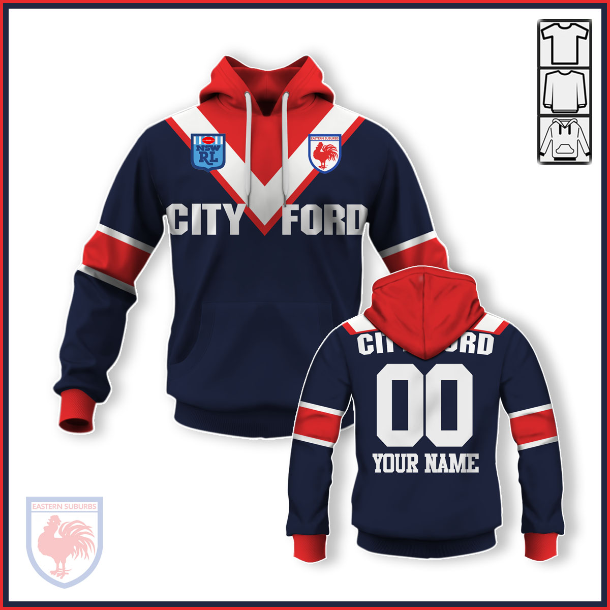 Personalize Sydney Rooster NRL 1980s Home Jersey