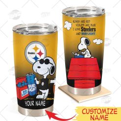 Personalized NFL Pittsburgh Steelers Tumbler Snoopy BUD LIGHT Beer Lover Stainless Steel Tumbler 20oz 30oz