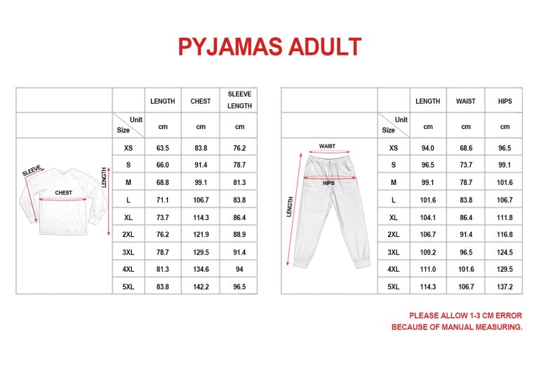 Pyjamas Adult Sizechart